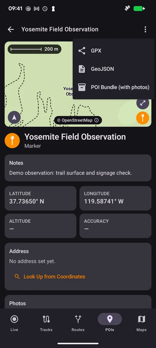 Android POI export choices: GPX, GeoJSON and POI Bundle with photos