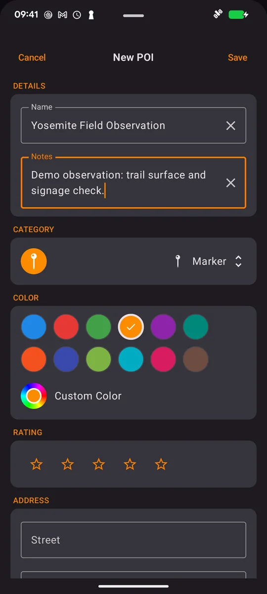 Android POI editor with a Yosemite demonstration observation and notes