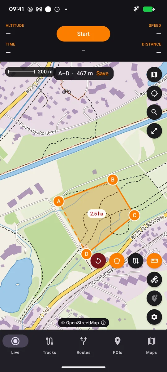 Android area mode showing an illustrative 2.5 hectare polygon