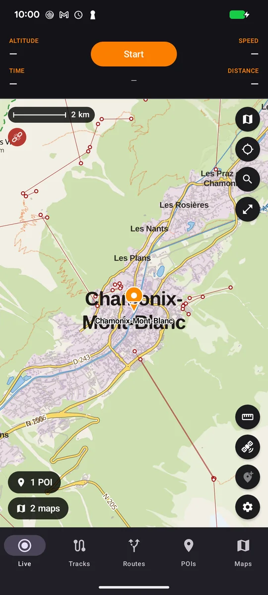 Chamonix on the NomadTracks basemap with the offline indicator visible