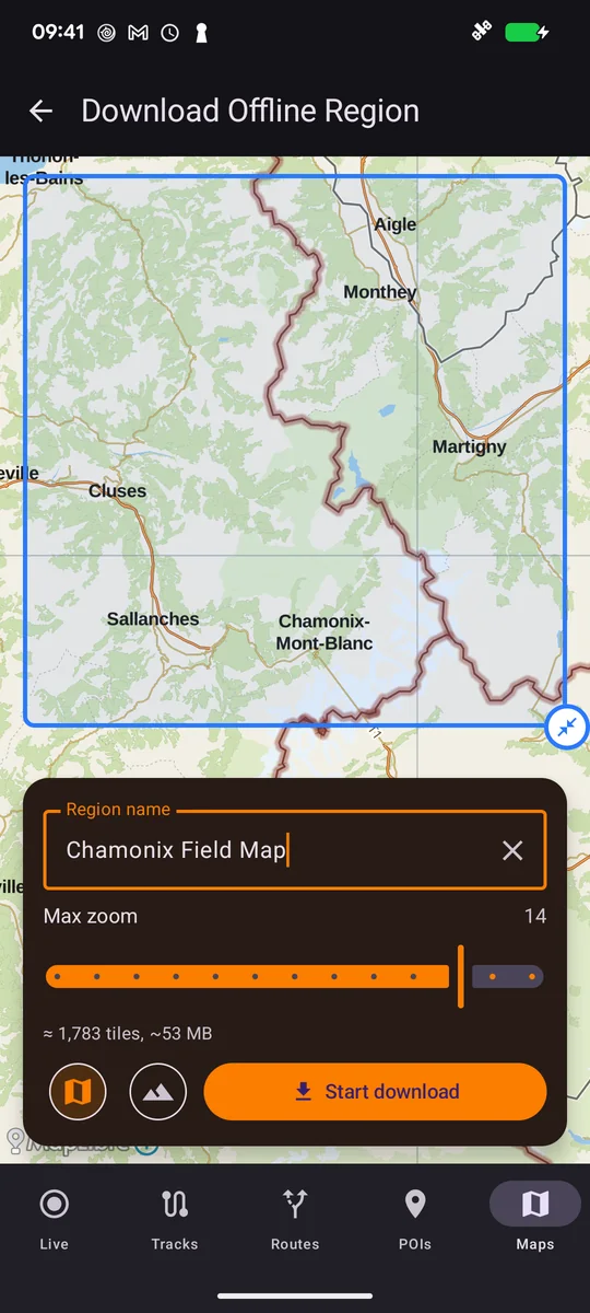 Android offline-region selection around Chamonix, zoom 0–14