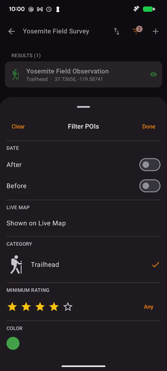 Android POI filters for Trailhead and a minimum four-star rating