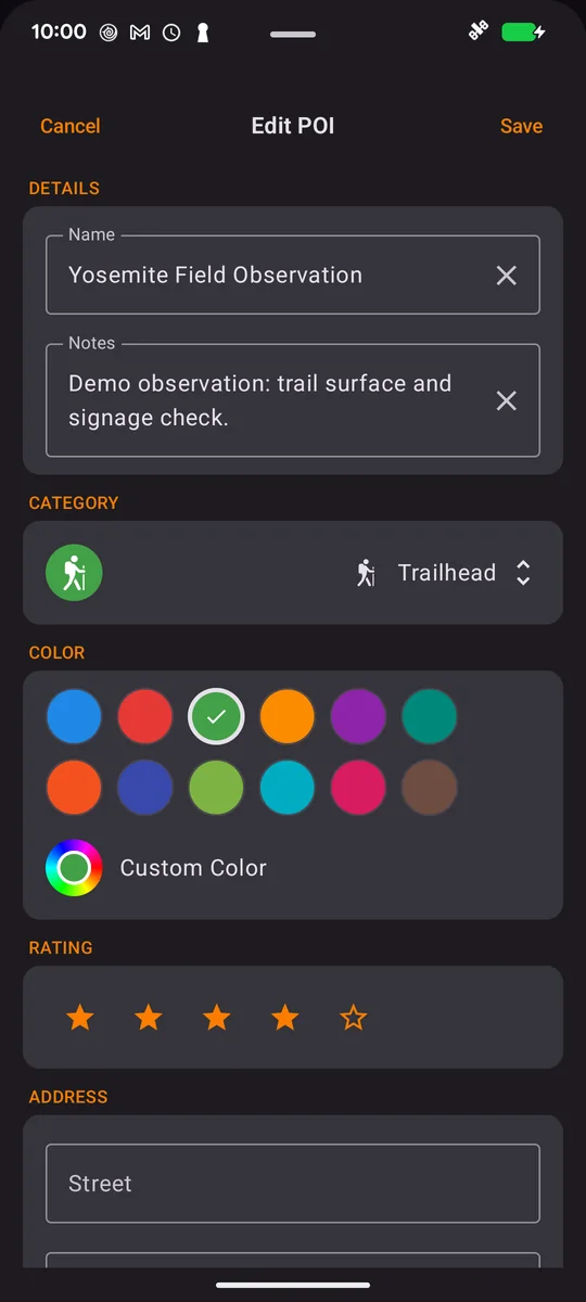 Trailhead category, green marker and four-star rating in the Android POI editor