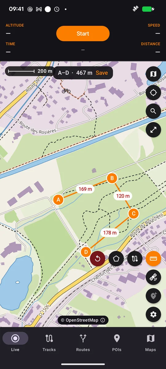 Android ruler with four points and a 467 m running total