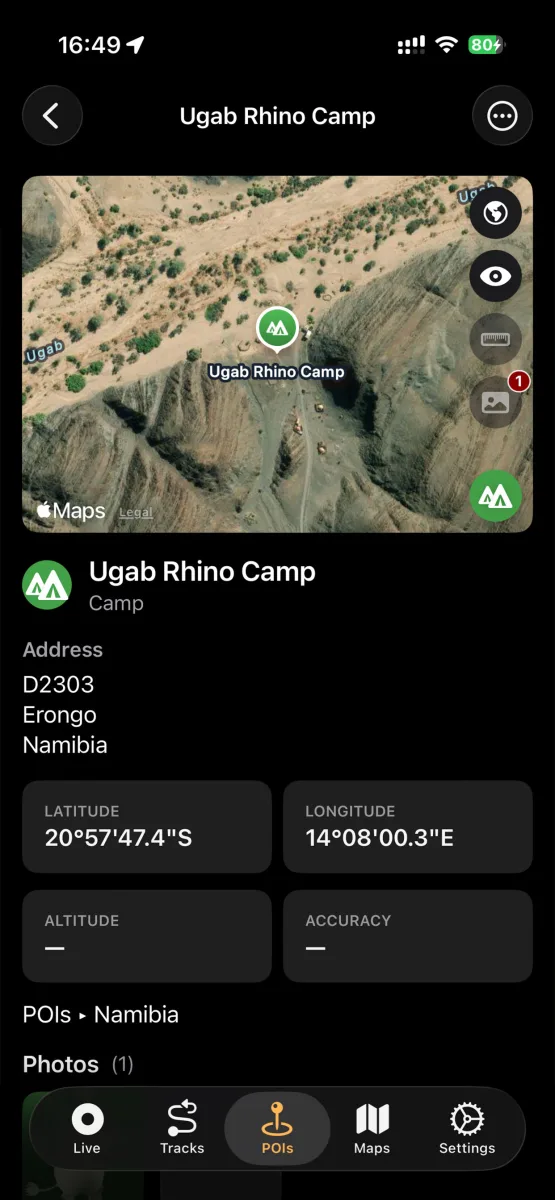 Point of interest detail for Ugab Rhino Camp in Namibia with coordinates and address