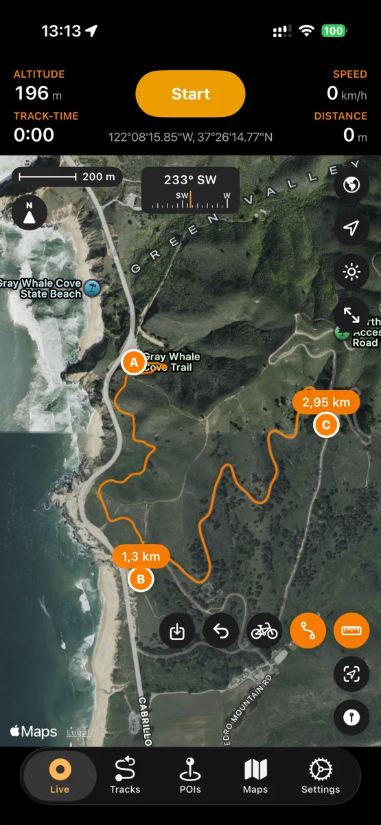 NomadTracks route planning on a satellite map of the Gray Whale Cove Trail with waypoints A, B and C and live distances