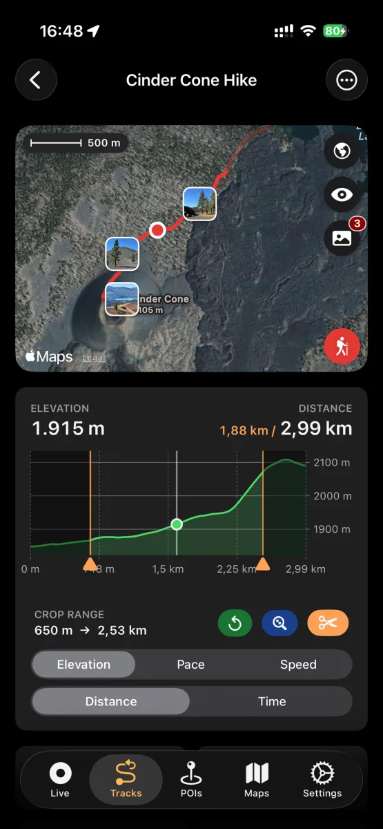 NomadTracks track detail of the Cinder Cone Hike with photos on the map and an interactive elevation chart with crop tool