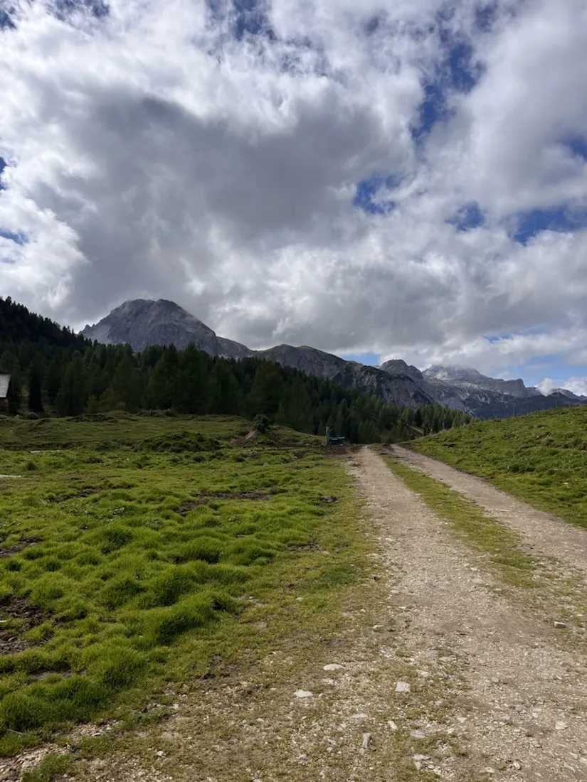 The track past the Südwiener Hütte at 1,802 m — the hut on the left has been shut since 2024