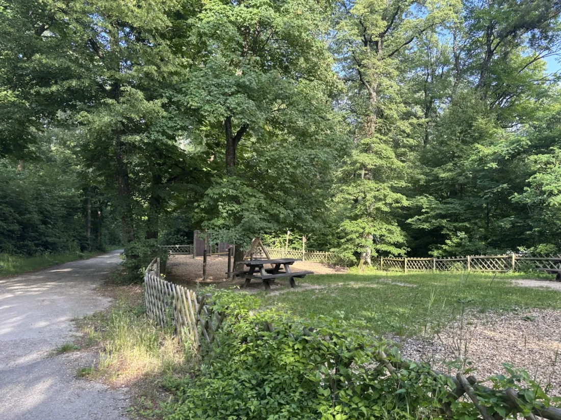 Ein kleiner Waldspielplatz mit Rastbank am Weg