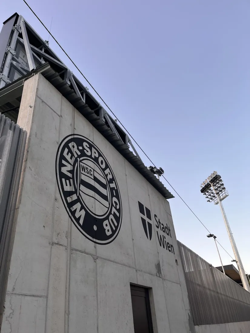 The Wiener Sport-Club crest on the new stand, five months after the ground reopened