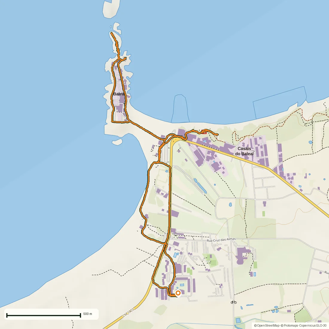 Routenkarte: Baleal: ein 5,6-km-Morgenlauf hinaus auf Peniches alte Walfänger-Insel — gezeichnet aus den aufgezeichneten GPS-Punkten auf einer OpenStreetMap-Karte