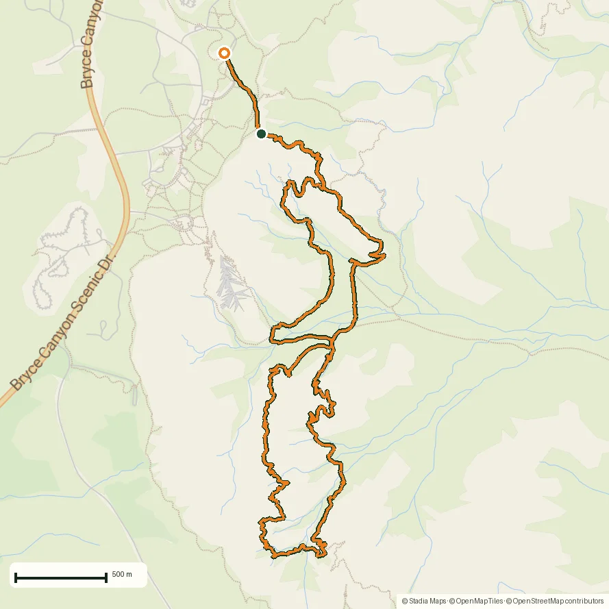 Route map of Peekaboo Loop, Bryce Canyon: 15 km among the hoodoos drawn from the recorded GPS points on an OpenStreetMap basemap