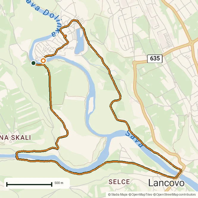 Route map of Camping Šobec and the birth of the Sava: a 7 km morning run drawn from the recorded GPS points on an OpenStreetMap basemap