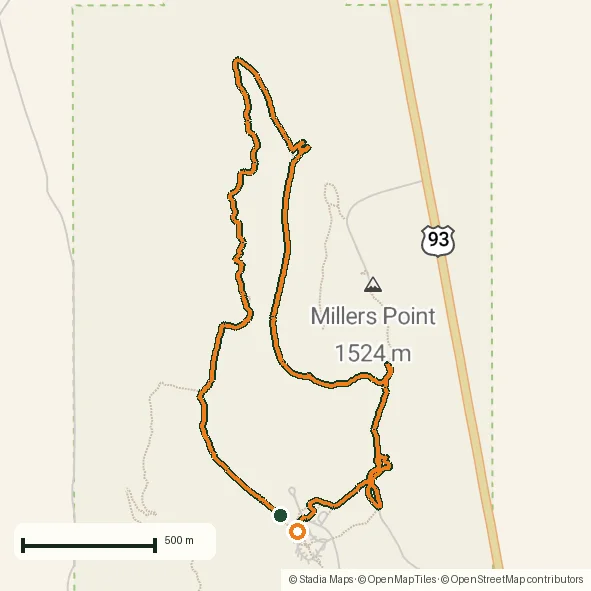 Route map of Cathedral Gorge: a short ride through Nevada's clay cathedral drawn from the recorded GPS points on an OpenStreetMap basemap