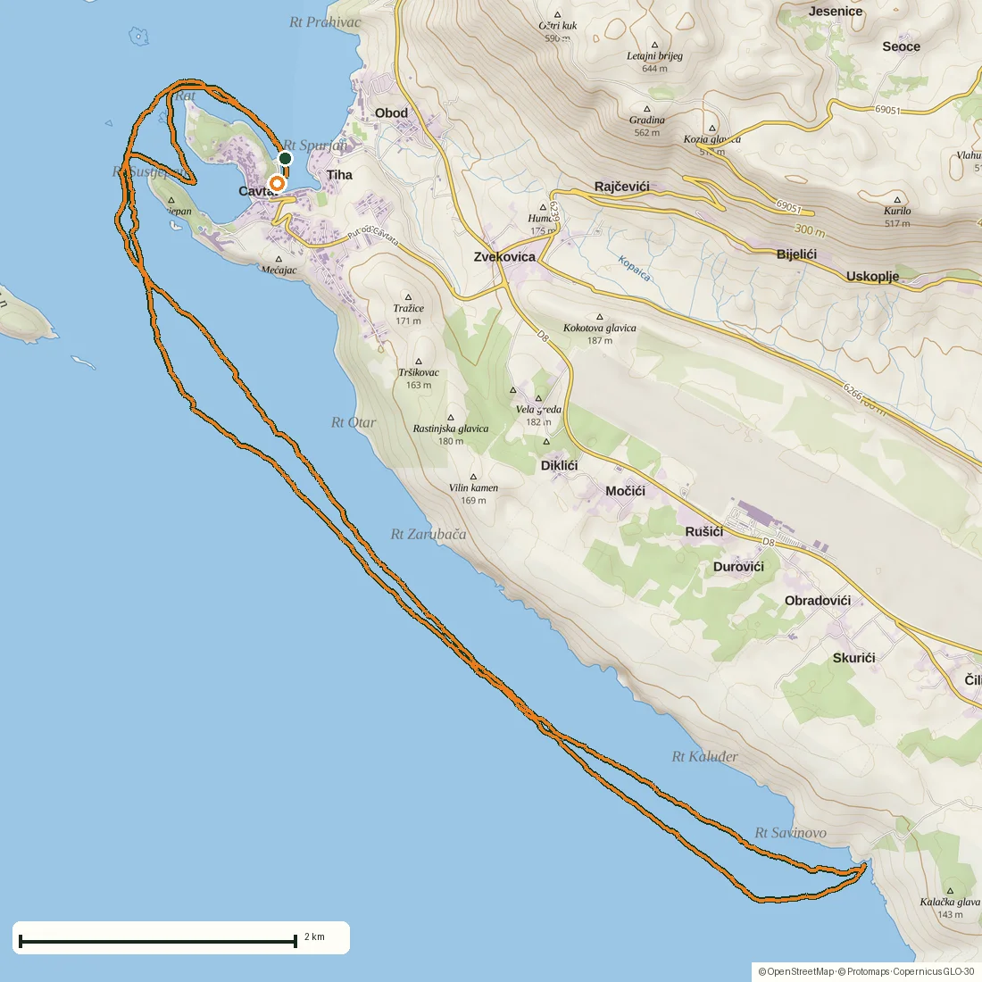 Route map of Cavtat by boat: 20.9 km along the Konavle coast at sunset drawn from the recorded GPS points on an OpenStreetMap basemap