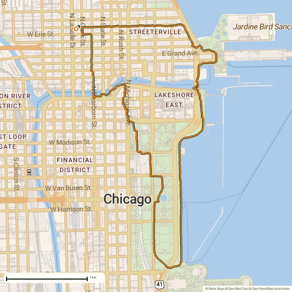 Route map of Grant Park, the Bean & the Museum Campus: a 10.5 km Chicago run drawn from the recorded GPS points on an OpenStreetMap basemap