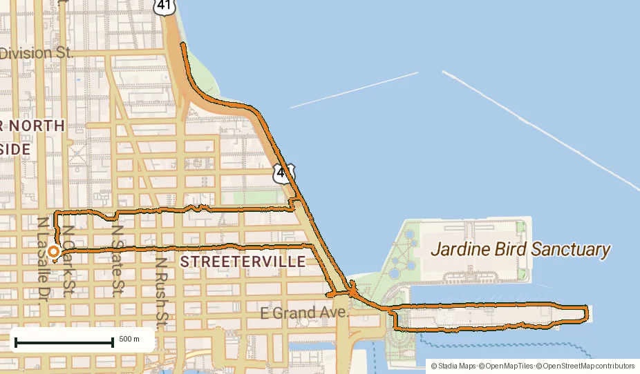 Route map of A morning run through downtown Chicago: 9.7 km past Navy Pier and the lakefront drawn from the recorded GPS points on an OpenStreetMap basemap