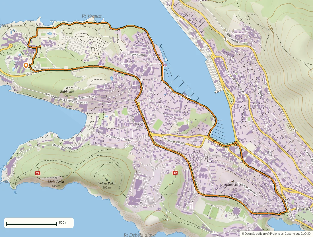Route map of Dubrovnik: an 8.1 km run from Babin Kuk through Lapad drawn from the recorded GPS points on an OpenStreetMap basemap