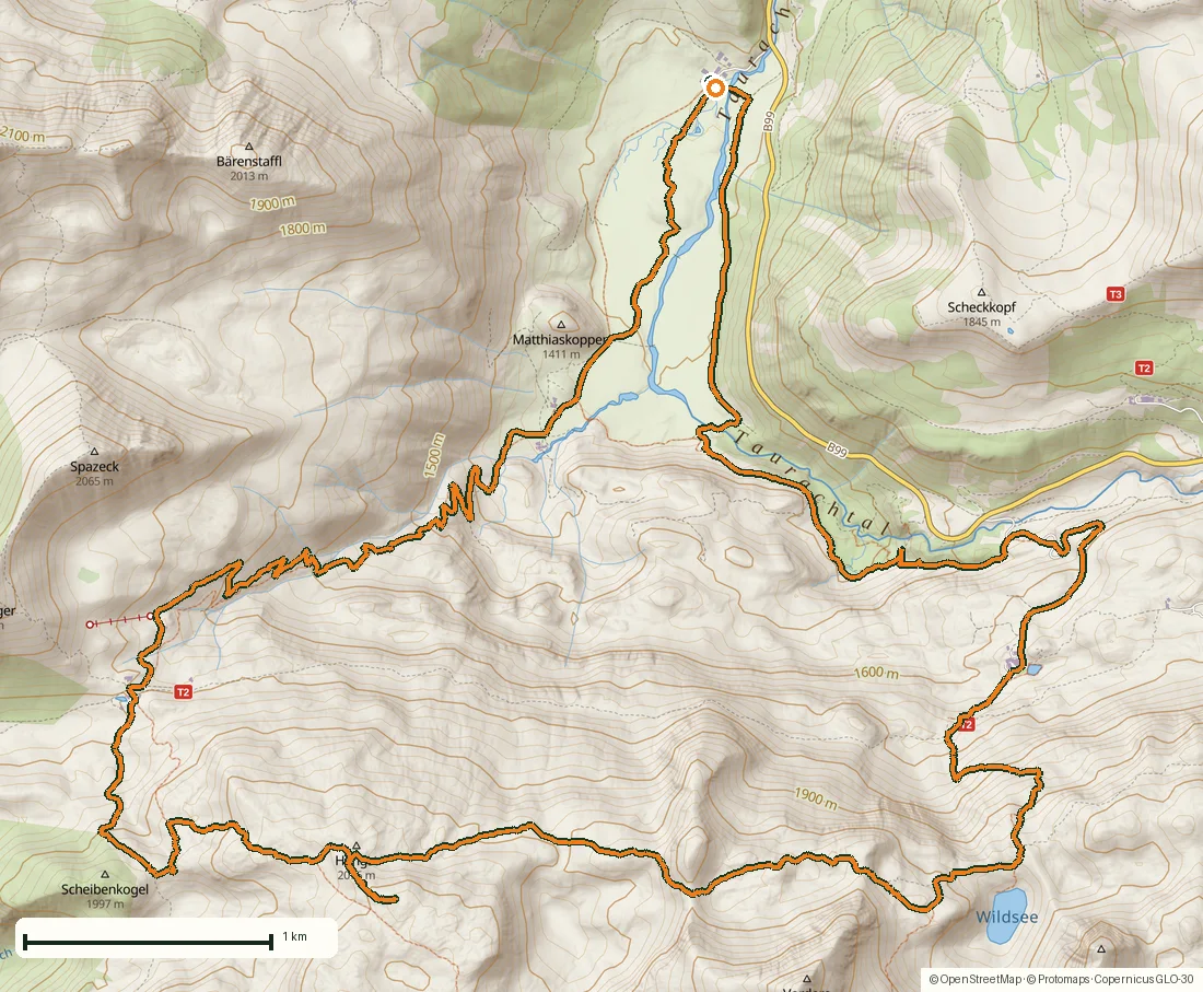 Route map of Over the Hengst to the Wildsee: 18.6 km in the Radstädter Tauern drawn from the recorded GPS points on an OpenStreetMap basemap