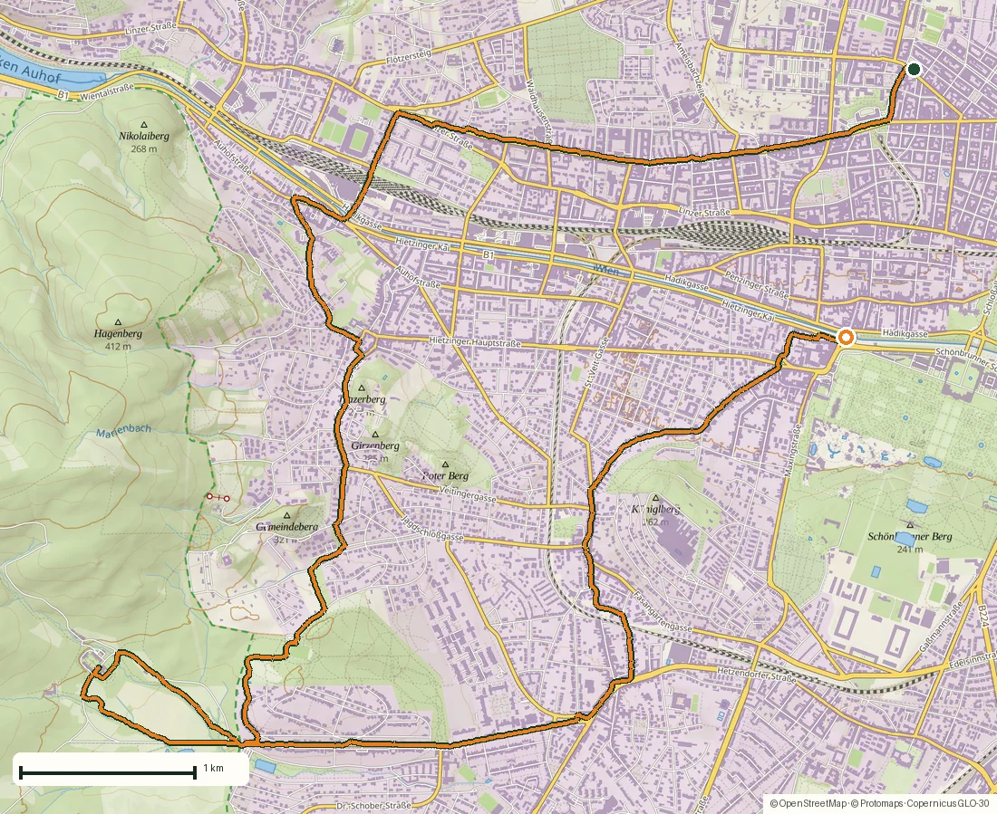 Route map of Hermesvilla: a 16.6 km run through Vienna’s western districts drawn from the recorded GPS points on an OpenStreetMap basemap