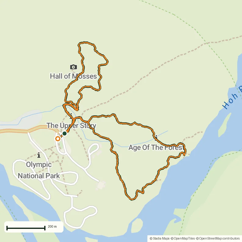Route map of Hoh Rain Forest: a 4 km walk through the moss cathedral drawn from the recorded GPS points on an OpenStreetMap basemap