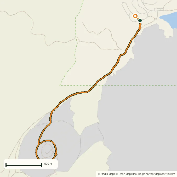 Route map of Cinder Cone, Lassen Volcanic NP: a 6 km climb up a perfect volcano drawn from the recorded GPS points on an OpenStreetMap basemap