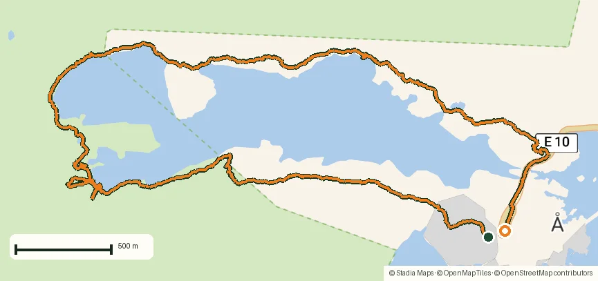 Route map of Lofoten lake hike: 9.6 km through Norway's green wilderness drawn from the recorded GPS points on an OpenStreetMap basemap