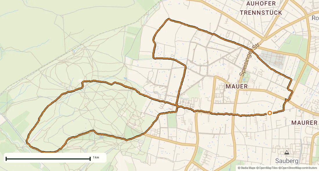 Routenkarte: Maurer Wald: eine 9,7-km-Laufrunde am Rand von Wien — gezeichnet aus den aufgezeichneten GPS-Punkten auf einer OpenStreetMap-Karte