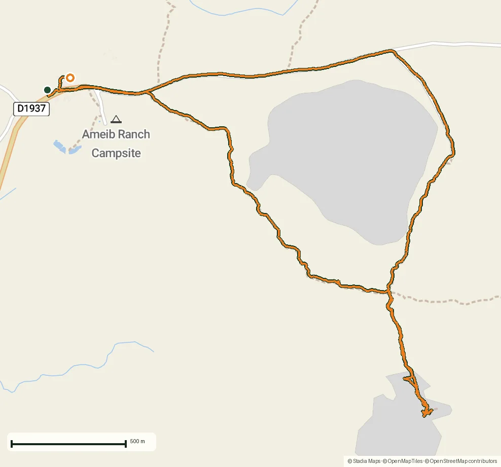 Route map of Phillips Cave: a 6.5 km walk to Namibia's White Elephant rock art drawn from the recorded GPS points on an OpenStreetMap basemap