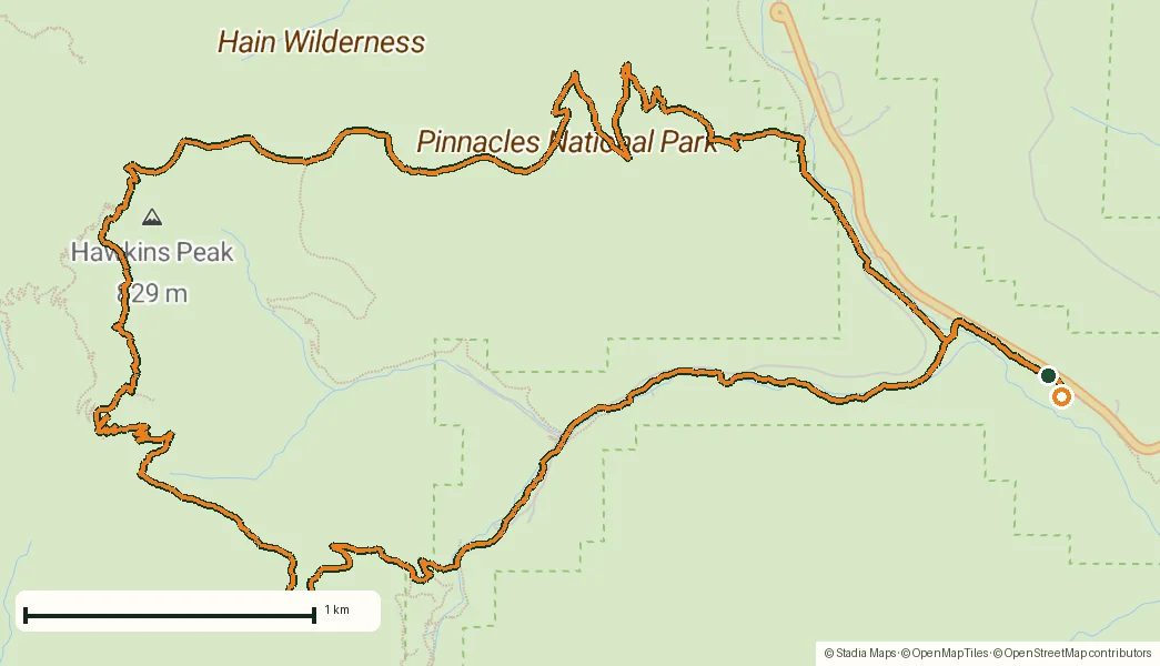Route map of Pinnacles High Peaks loop: 12 km among the condor spires drawn from the recorded GPS points on an OpenStreetMap basemap