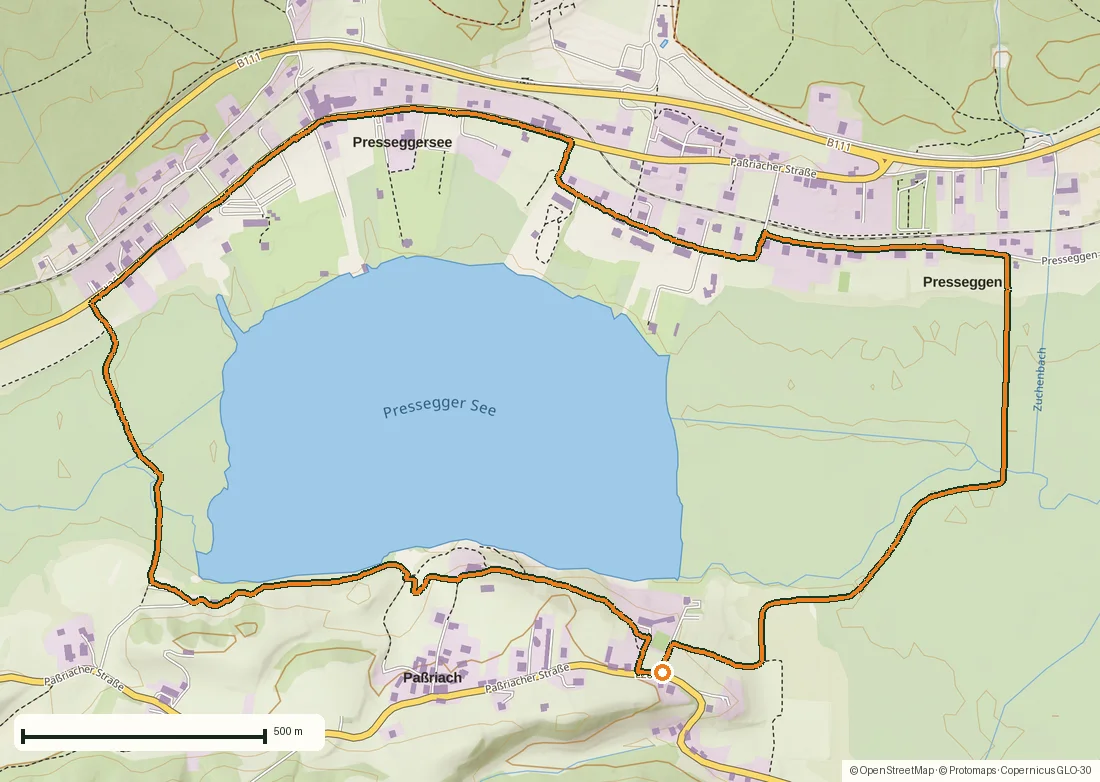Route map of The Slow Trail around the Pressegger See: a 5.7 km reed-belt loop drawn from the recorded GPS points on an OpenStreetMap basemap