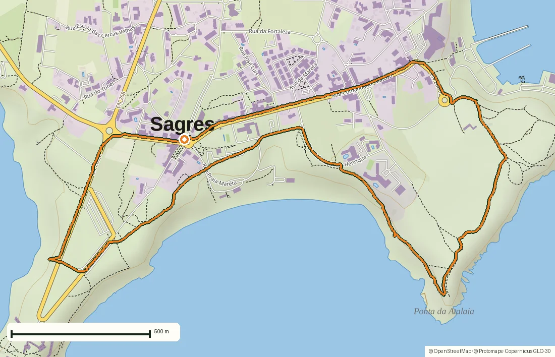 Routenkarte: Sagres: eine 4,8-km-Morgenrunde um das letzte Kap der Algarve — gezeichnet aus den aufgezeichneten GPS-Punkten auf einer OpenStreetMap-Karte