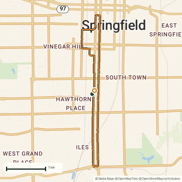 Route map of Running Lincoln's Springfield: 8.8 km through the Illinois capital drawn from the recorded GPS points on an OpenStreetMap basemap