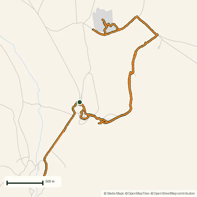Route map of Koiimasis: 9 km through the granite of the Tiras Mountains drawn from the recorded GPS points on an OpenStreetMap basemap