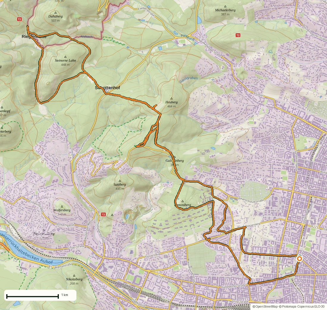 Route map of Vienna Woods: 21.9 km via Rieglerhütte and the Jubiläumswarte drawn from the recorded GPS points on an OpenStreetMap basemap