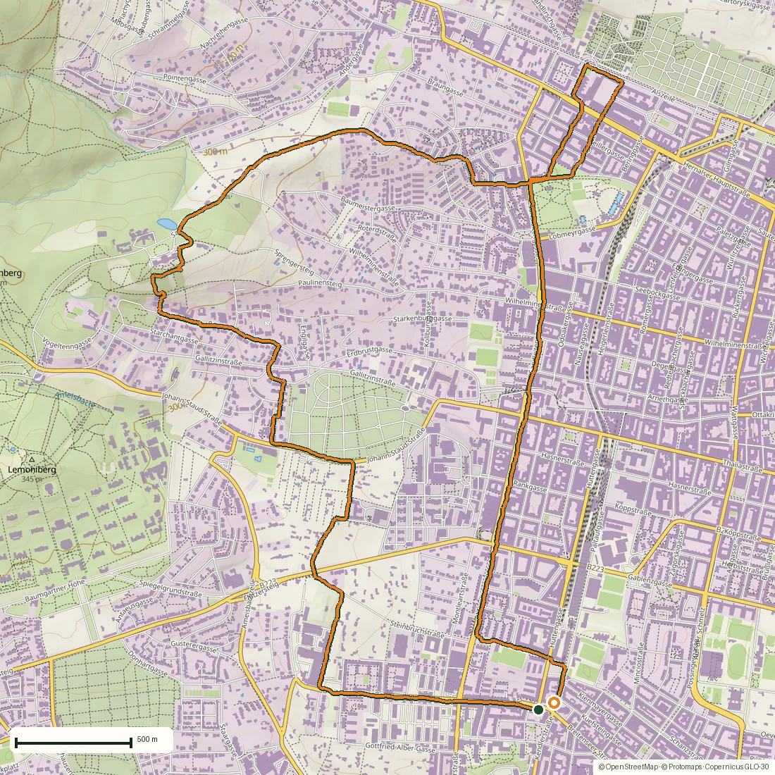 Route map of Wilhelminenberg by evening: a 10.2 km run over Vienna’s western hills drawn from the recorded GPS points on an OpenStreetMap basemap