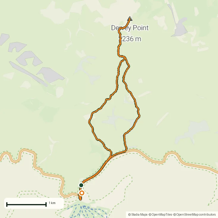 The recorded Dewey Point snowshoe route on the map
